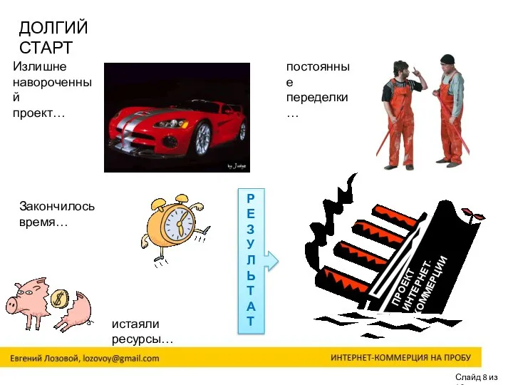 Слайд 8 из 16 ДОЛГИЙ СТАРТ ПРОЕКТ ИНТЕРНЕТ-КОММЕРЦИИ истаяли ресурсы… Закончилось