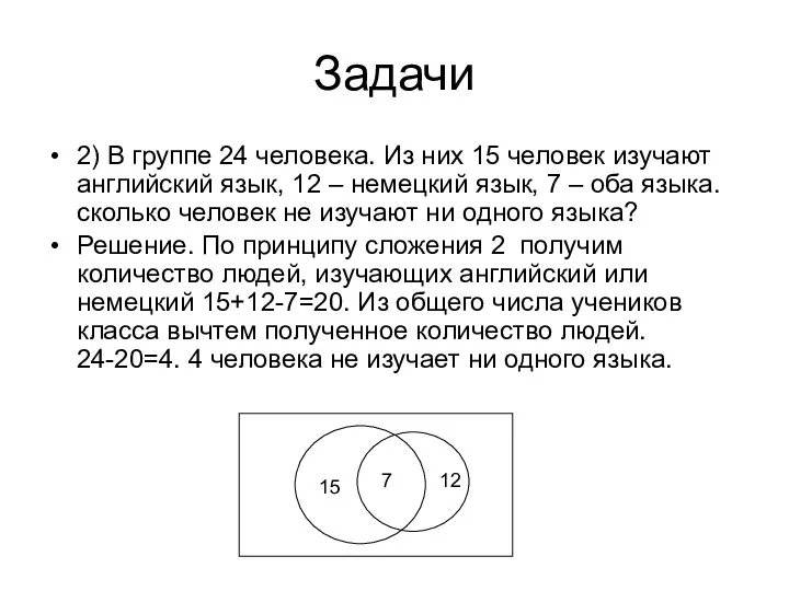 Задачи 2) В группе 24 человека. Из них 15 человек изучают