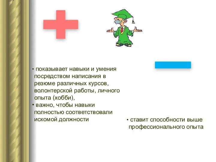 показывает навыки и умения посредством написания в резюме различных курсов, волонтерской