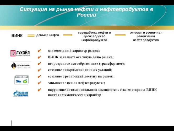 Ситуация на рынке нефти и нефтепродуктов в России олигопольный характер рынка;