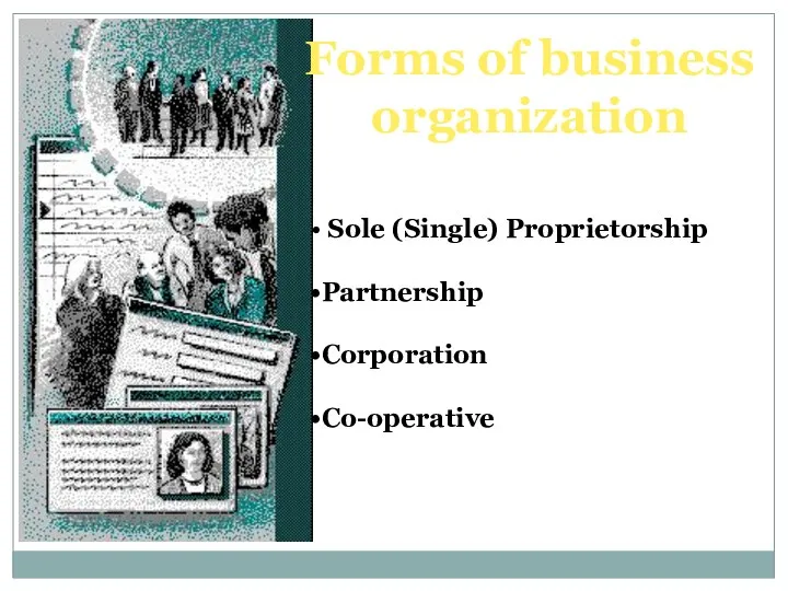 Forms of business organization Sole (Single) Proprietorship Partnership Corporation Co-operative