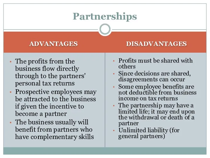 Partnerships ADVANTAGES The profits from the business flow directly through to