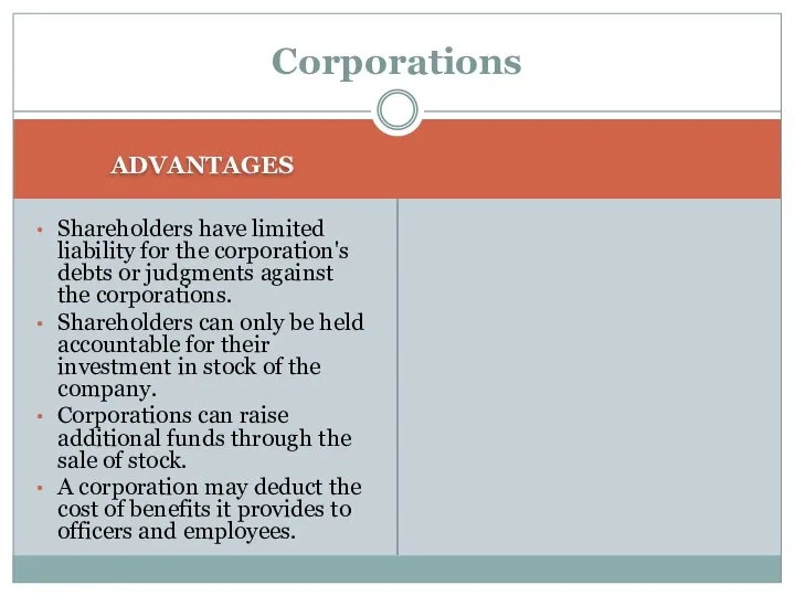 Corporations ADVANTAGES Shareholders have limited liability for the corporation's debts or