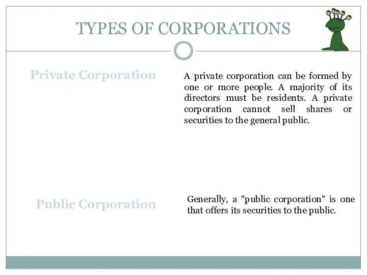 TYPES OF CORPORATIONS Private Corporation A private corporation can be formed