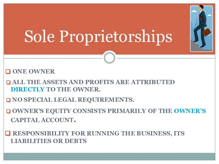 Sole Proprietorships ONE OWNER ALL THE ASSETS AND PROFITS ARE ATTRIBUTED