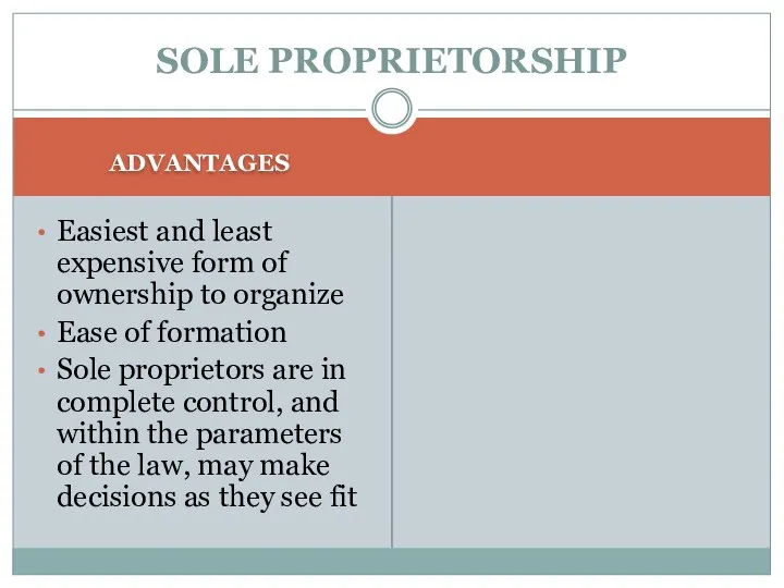 SOLE PROPRIETORSHIP ADVANTAGES Easiest and least expensive form of ownership to