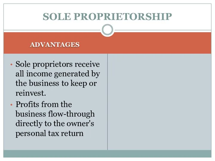 SOLE PROPRIETORSHIP ADVANTAGES Sole proprietors receive all income generated by the