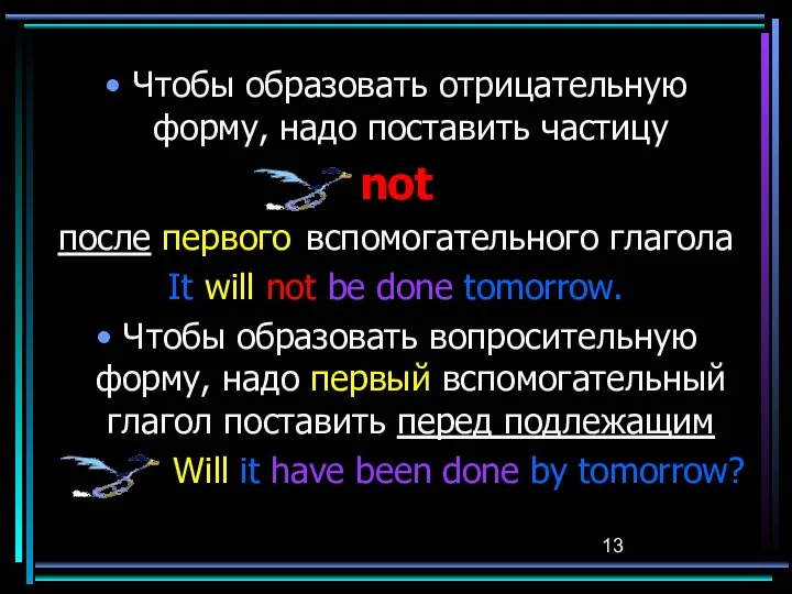 Чтобы образовать отрицательную форму, надо поставить частицу not после первого вспомогательного