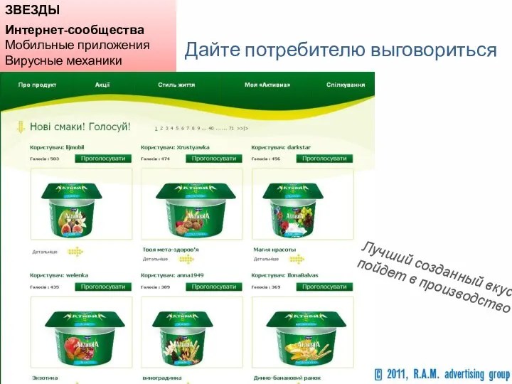 ЗВЕЗДЫ Интернет-сообщества Мобильные приложения Вирусные механики Дайте потребителю выговориться Лучший созданный вкус пойдет в производство