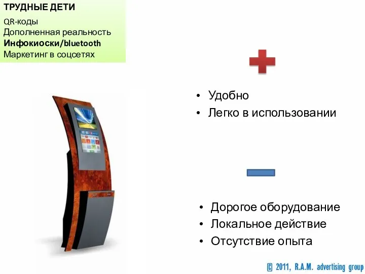 ТРУДНЫЕ ДЕТИ QR-коды Дополненная реальность Инфокиоски/bluetooth Маркетинг в соцсетях Дорогое оборудование