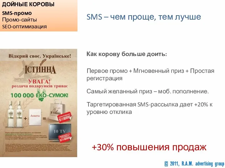 ДОЙНЫЕ КОРОВЫ SMS-промо Промо-сайты SEO-оптимизация SMS – чем проще, тем лучше