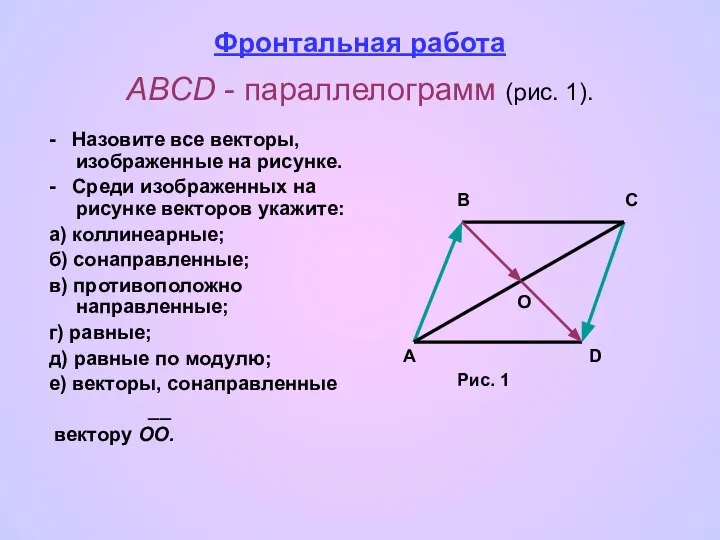 Фронтальная работа ABCD - параллелограмм (рис. 1). - Назовите все векторы,