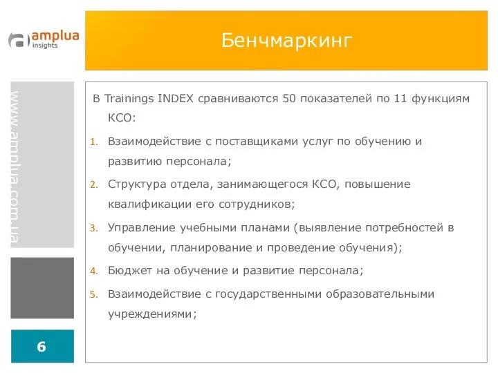 Бенчмаркинг В Trainings INDEX сравниваются 50 показателей по 11 функциям КСО: