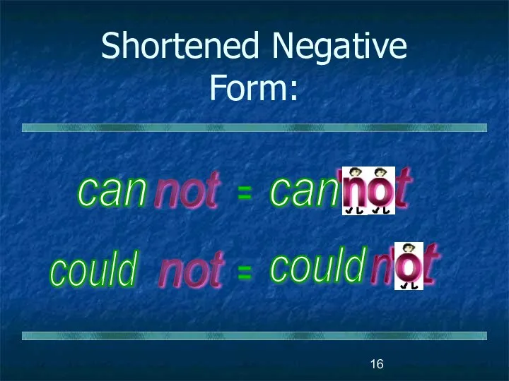 Shortened Negative Form: can not could = can t not = could n t ' '