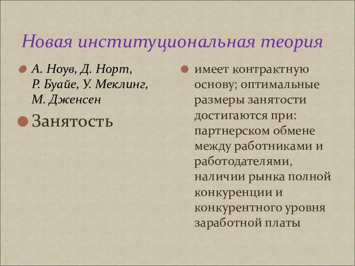 Новая институциональная теория А. Ноув, Д. Норт, Р. Буайе, У. Меклинг,