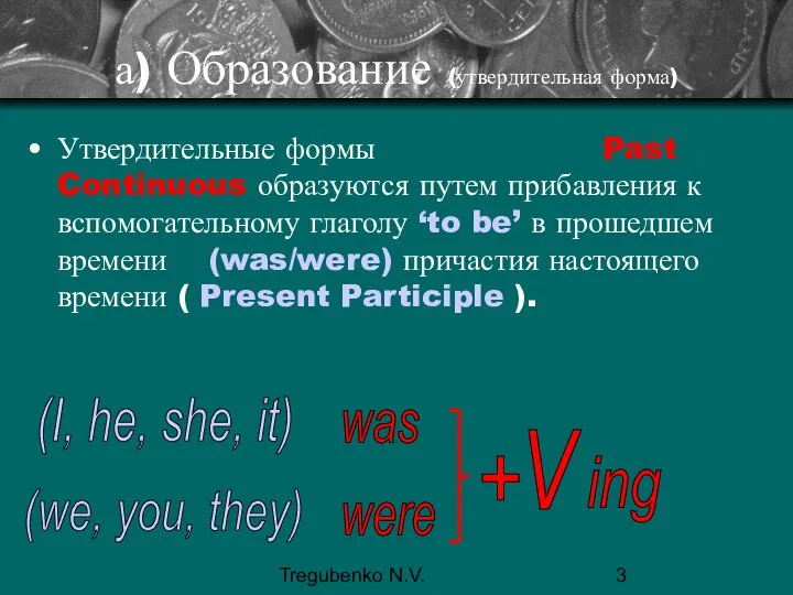 Tregubenko N.V. а) Образование (утвердительная форма) Утвердительные формы Past Continuous образуются