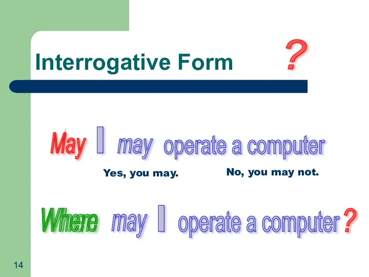 Interrogative Form ? I may operate a computer May When may