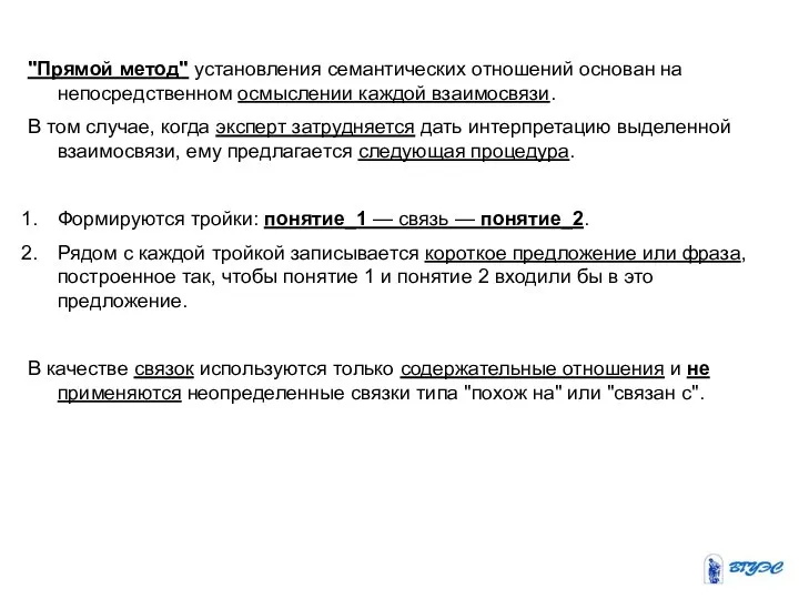 "Прямой метод" установления семантических отношений основан на непосредственном осмыслении каждой взаимосвязи.