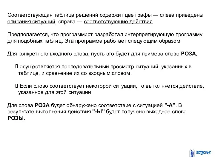 Соответствующая таблица решений содержит две графы — слева приведены описания ситуаций,