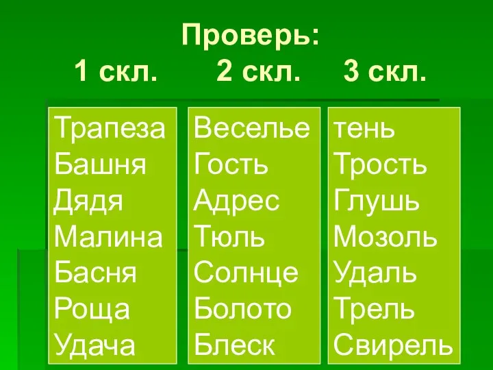 Проверь: 1 скл. 2 скл. 3 скл. Трапеза Башня Дядя Малина