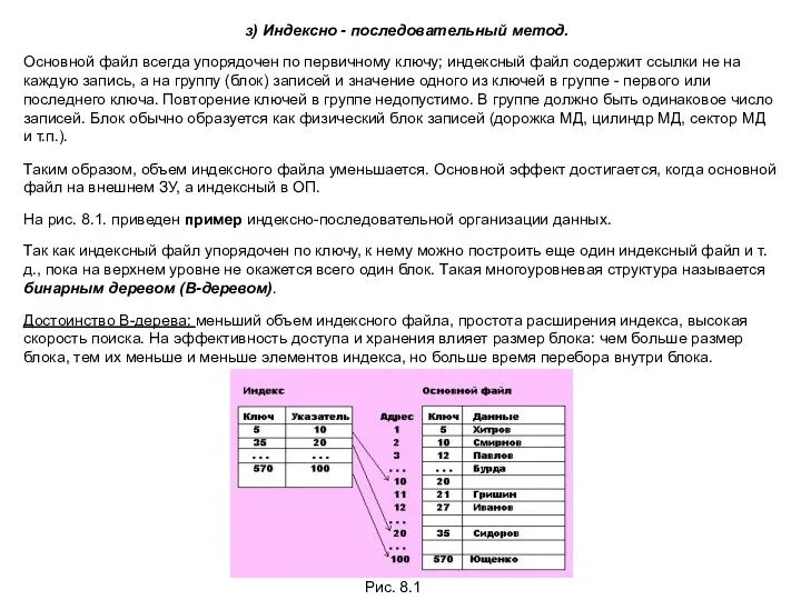 з) Индексно - последовательный метод. Основной файл всегда упорядочен по первичному