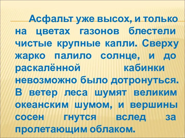 Асфальт уже высох, и только на цветах газонов блестели чистые крупные