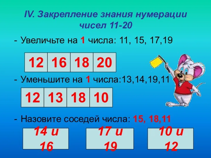 IV. Закрепление знания нумерации чисел 11-20 Увеличьте на 1 числа: 11,