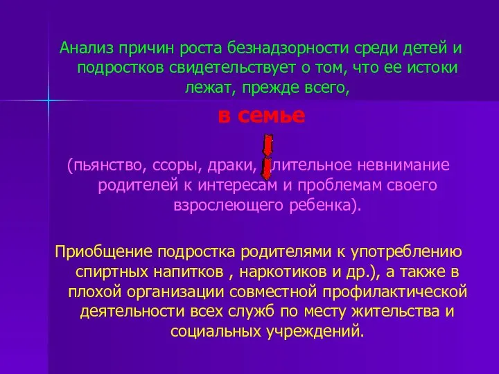 Анализ причин роста безнадзорности среди детей и подростков свидетельствует о том,