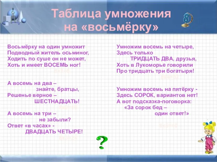 Таблица умножения на «восьмёрку» Восьмёрку на один умножит Подводный житель осьминог,