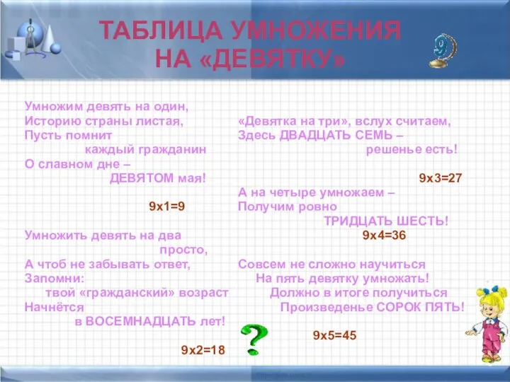 ТАБЛИЦА УМНОЖЕНИЯ НА «ДЕВЯТКУ» Умножим девять на один, Историю страны листая,