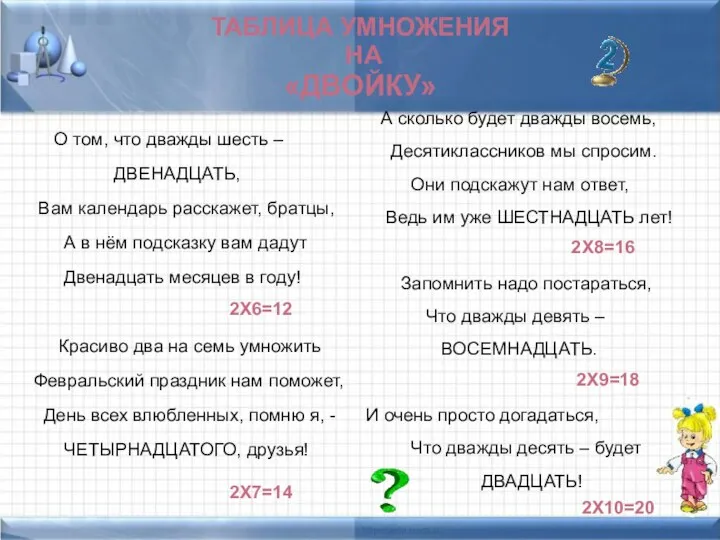 ТАБЛИЦА УМНОЖЕНИЯ НА «ДВОЙКУ» О том, что дважды шесть – ДВЕНАДЦАТЬ,