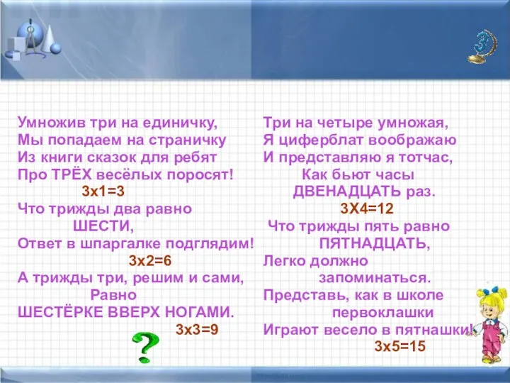 Таблица умножения на «тройку» Умножив три на единичку, Мы попадаем на