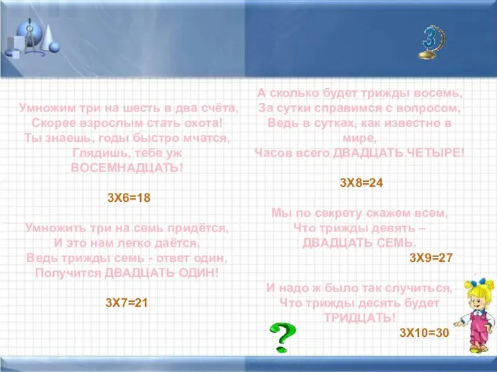 Таблица умножения на «тройку» Умножим три на шесть в два счёта,