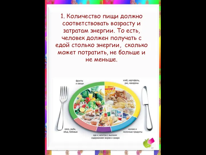 1. Количество пищи должно соответствовать возрасту и затратам энергии. То есть,