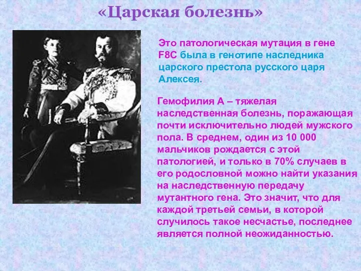 «Царская болезнь» Это патологическая мутация в гене F8C была в генотипе