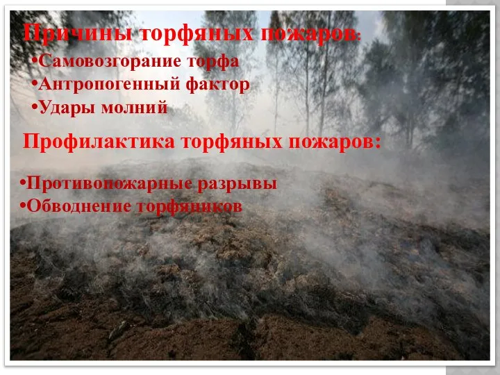 Причины торфяных пожаров: Самовозгорание торфа Антропогенный фактор Удары молний Профилактика торфяных пожаров: Противопожарные разрывы Обводнение торфяников