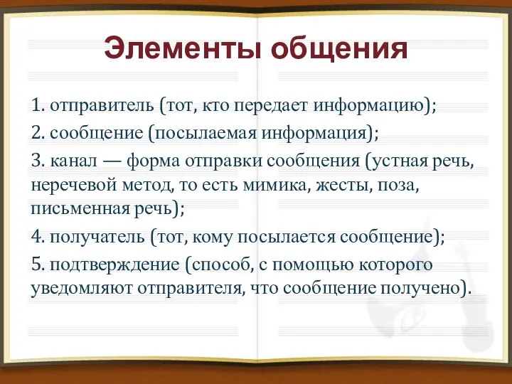 Элементы общения 1. отправитель (тот, кто передает информацию); 2. сообщение (посылаемая