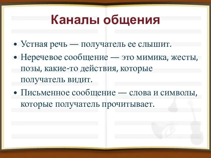 Каналы общения Устная речь — получатель ее слышит. Неречевое сообщение —