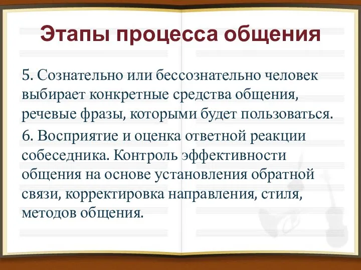 Этапы процесса общения 5. Сознательно или бессознательно человек выбирает конкретные средства