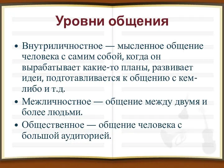 Уровни общения Внутриличностное — мысленное общение человека с самим собой, когда