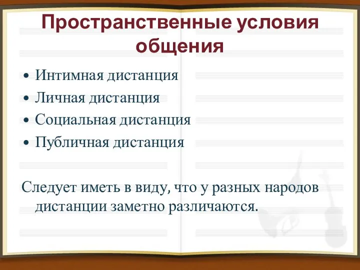 Пространственные условия общения Интимная дистанция Личная дистанция Социальная дистанция Публичная дистанция