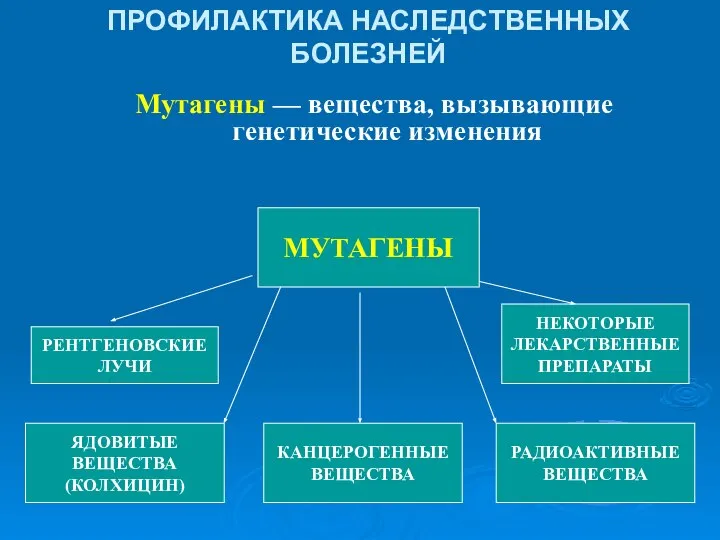 Мутагены — вещества, вызывающие генетические изменения МУТАГЕНЫ РЕНТГЕНОВСКИЕ ЛУЧИ ЯДОВИТЫЕ ВЕЩЕСТВА