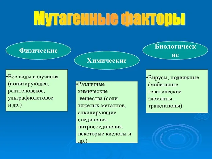 Мутагенные факторы Физические Химические Биологические Все виды излучения (ионизирующее, рентгеновское, ультрафиолетовое