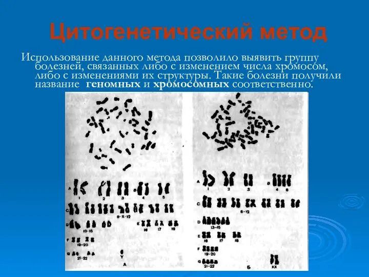 Цитогенетический метод Использование данного метода позволило выявить группу болезней, связанных либо