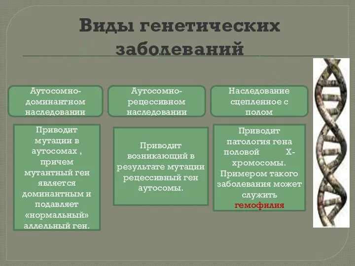 Виды генетических заболеваний Аутосомно-доминантном наследовании Аутосомно-рецессивном наследовании Наследование сцепленное с полом