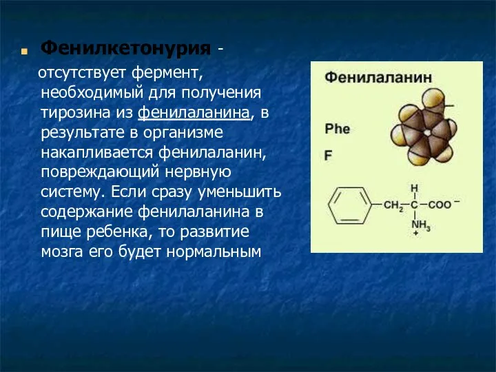 Фенилкетонурия - отсутствует фермент, необходимый для получения тирозина из фенилаланина, в
