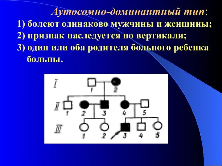 Аутосомно-доминантный тип: 1) болеют одинаково мужчины и женщины; 2) признак наследуется