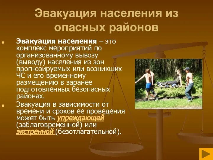 Эвакуация населения из опасных районов Эвакуация населения – это комплекс мероприятий