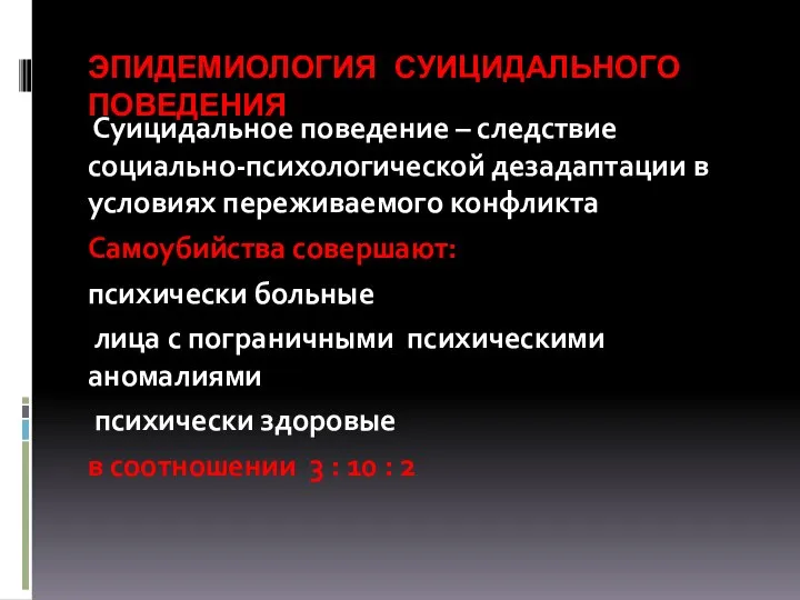 ЭПИДЕМИОЛОГИЯ СУИЦИДАЛЬНОГО ПОВЕДЕНИЯ Суицидальное поведение – следствие социально-психологической дезадаптации в условиях