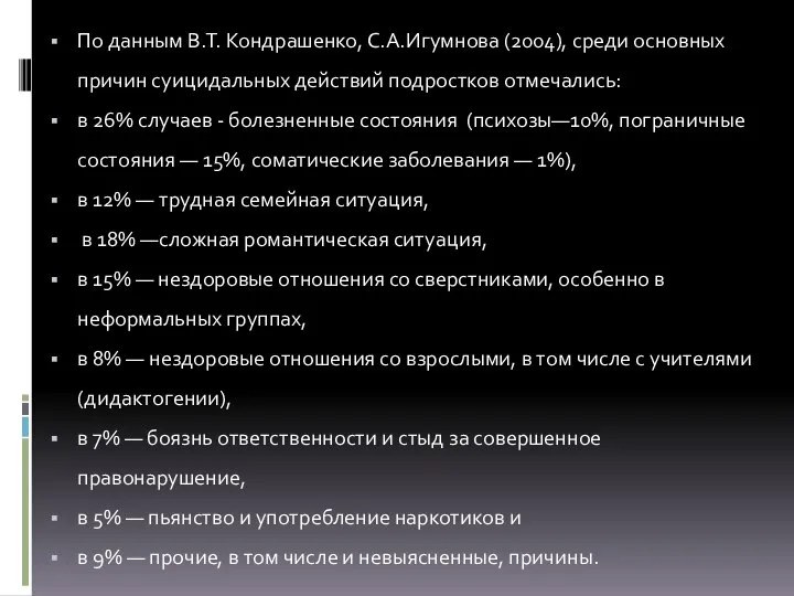 По данным В.Т. Кондрашенко, С.А.Игумнова (2004), среди основных причин суицидальных действий